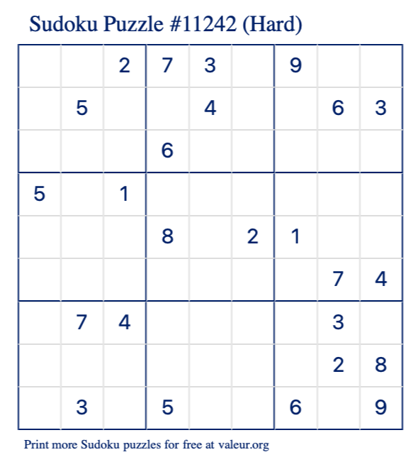 Free Printable Hard Sudoku Puzzle number 11242