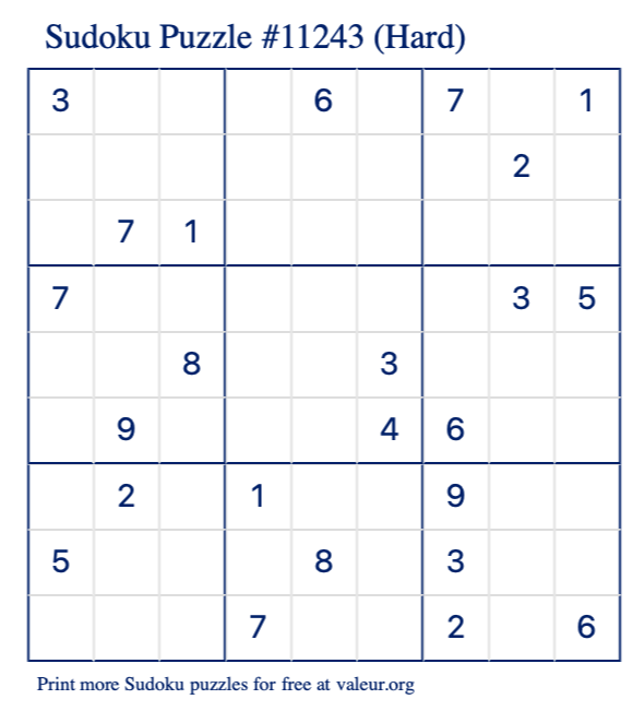 Free Printable Hard Sudoku Puzzle number 11243
