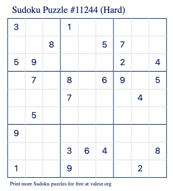 Free Printable Hard Sudoku Puzzle number 11244