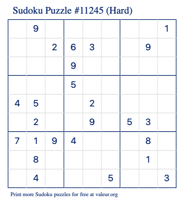 Free Printable Hard Sudoku Puzzle number 11245
