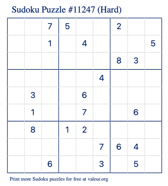 Free Printable Hard Sudoku Puzzle number 11247