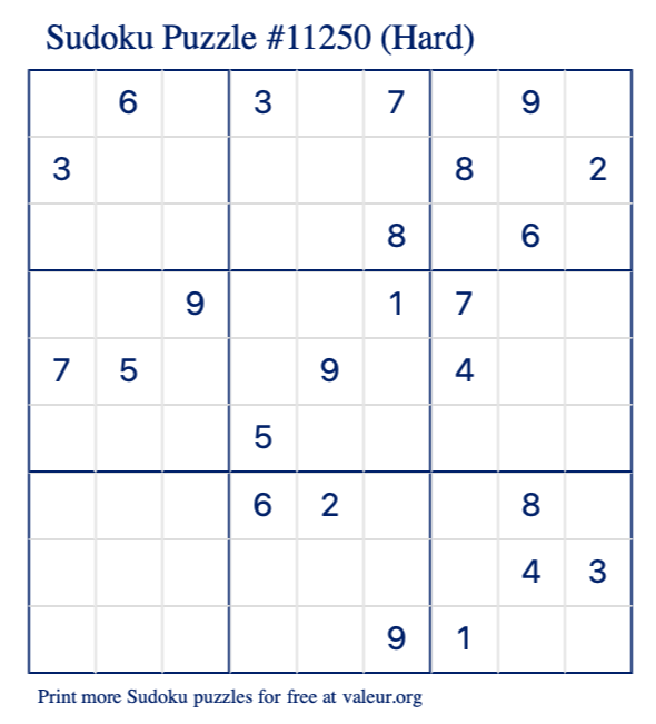 Free Printable Hard Sudoku Puzzle number 11250