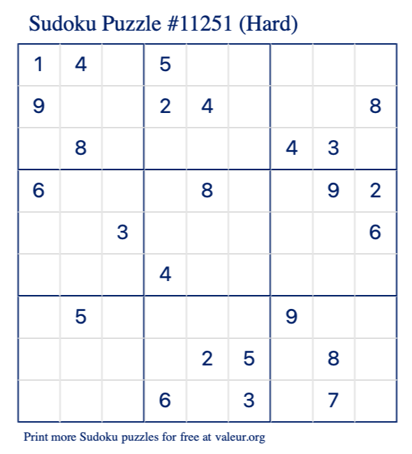 Free Printable Hard Sudoku Puzzle number 11251
