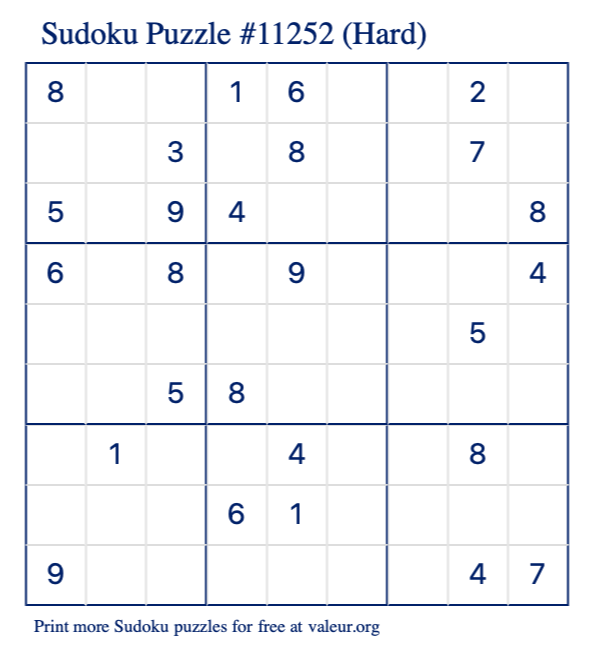 Free Printable Hard Sudoku Puzzle number 11252