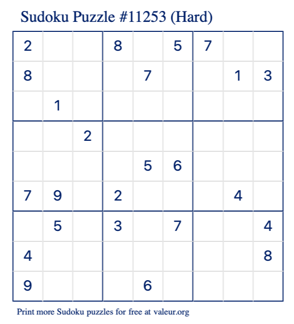 Free Printable Hard Sudoku Puzzle number 11253