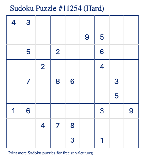 Free Printable Hard Sudoku Puzzle number 11254