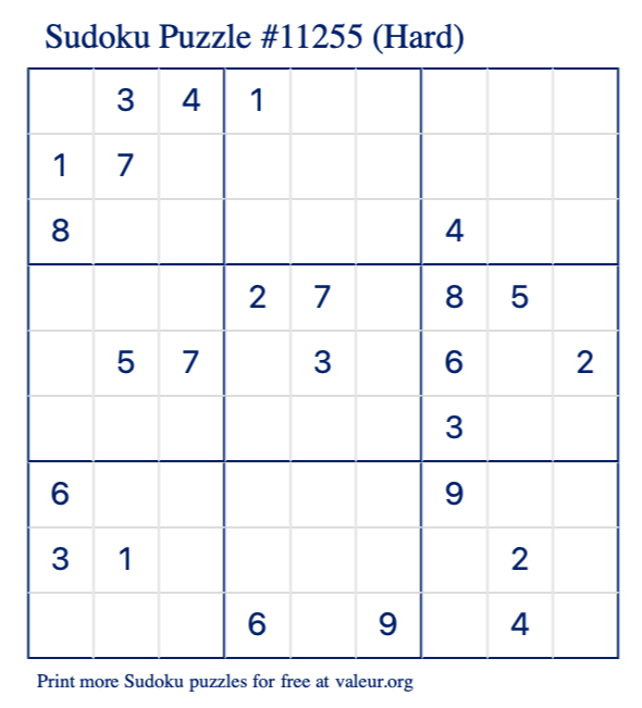 Free Printable Hard Sudoku Puzzle number 11255