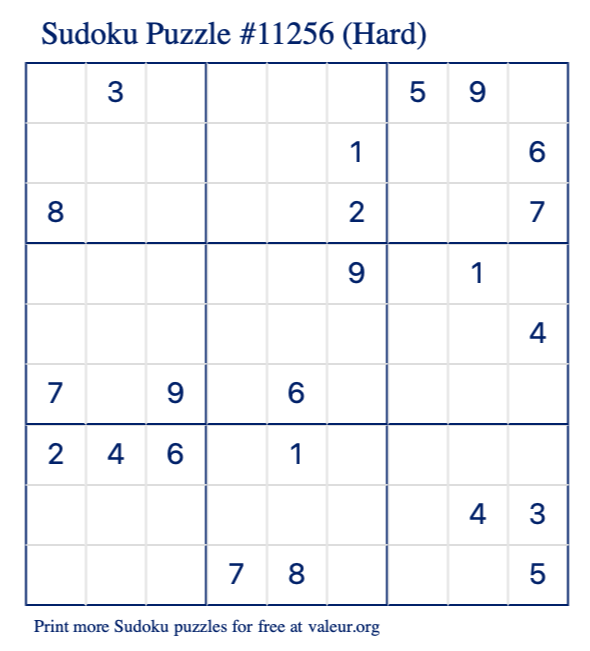Free Printable Hard Sudoku Puzzle number 11256