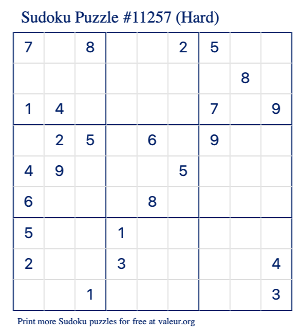 Free Printable Hard Sudoku Puzzle number 11257