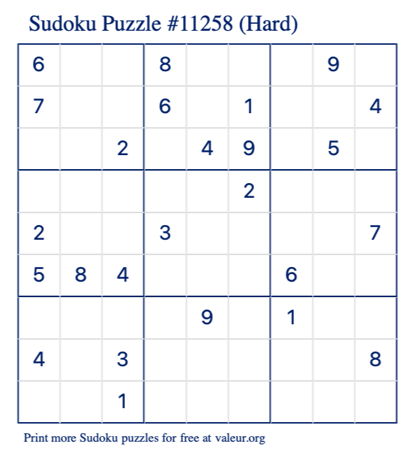 Free Printable Hard Sudoku Puzzle number 11258