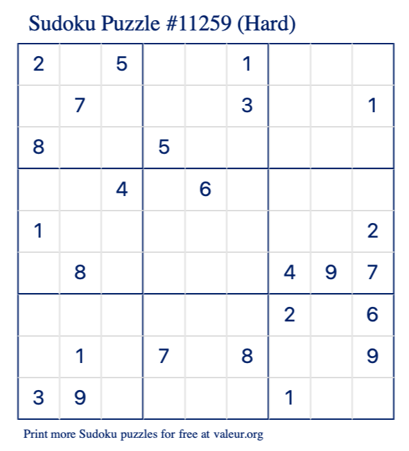 Free Printable Hard Sudoku Puzzle number 11259