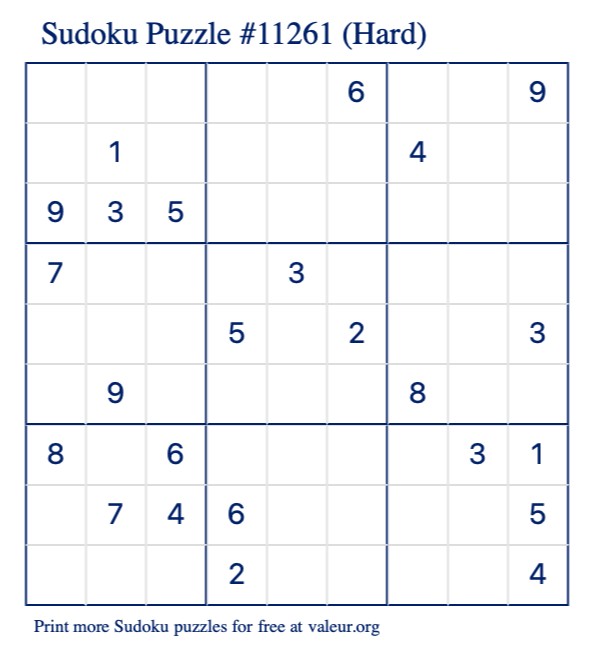 Free Printable Hard Sudoku Puzzle number 11261