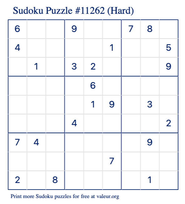 Free Printable Hard Sudoku Puzzle number 11262