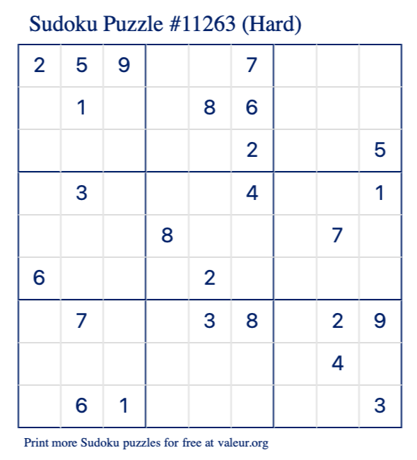 Free Printable Hard Sudoku Puzzle number 11263