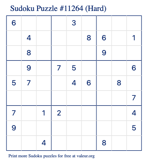 Free Printable Hard Sudoku Puzzle number 11264