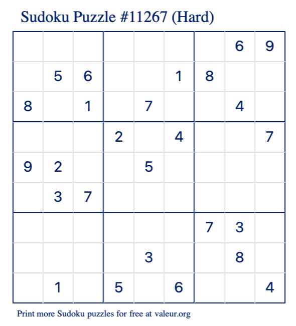 Free Printable Hard Sudoku Puzzle number 11267