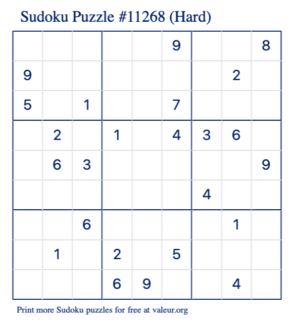 Free Printable Hard Sudoku Puzzle number 11268