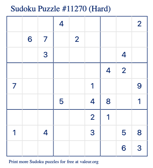 Free Printable Hard Sudoku Puzzle number 11270