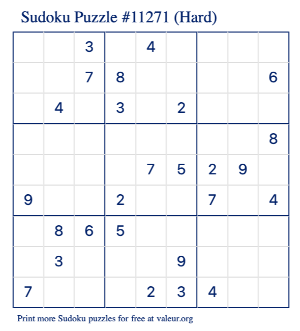 Free Printable Hard Sudoku Puzzle number 11271