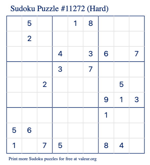 Free Printable Hard Sudoku Puzzle number 11272
