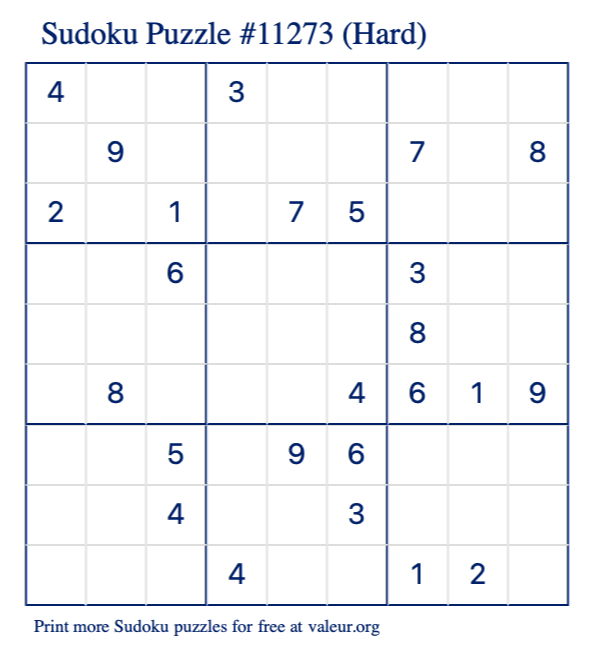 Free Printable Hard Sudoku Puzzle number 11273