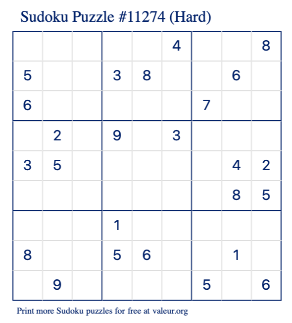 Free Printable Hard Sudoku Puzzle number 11274