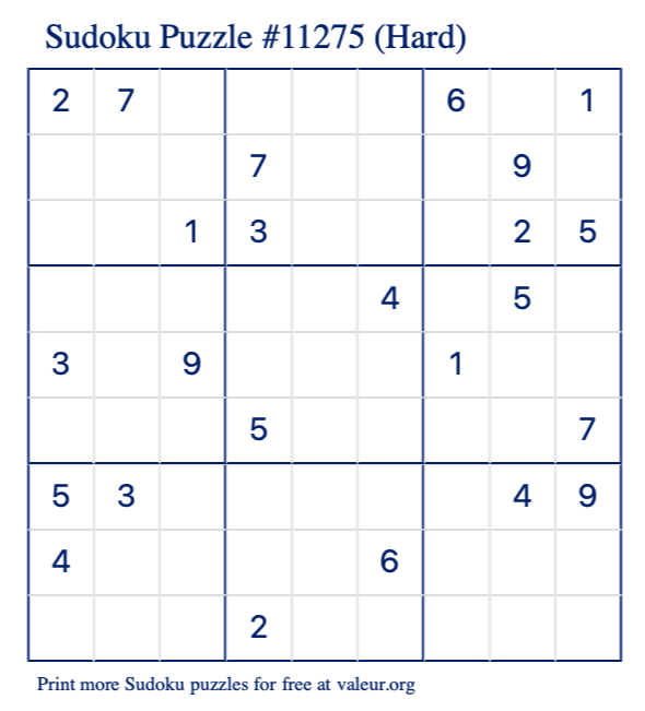 Free Printable Hard Sudoku Puzzle number 11275