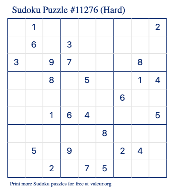 Free Printable Hard Sudoku Puzzle number 11276