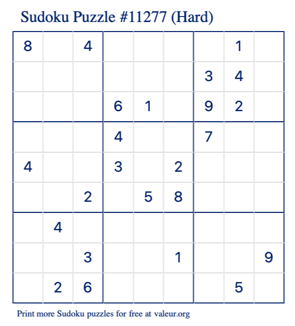 Free Printable Hard Sudoku Puzzle number 11277