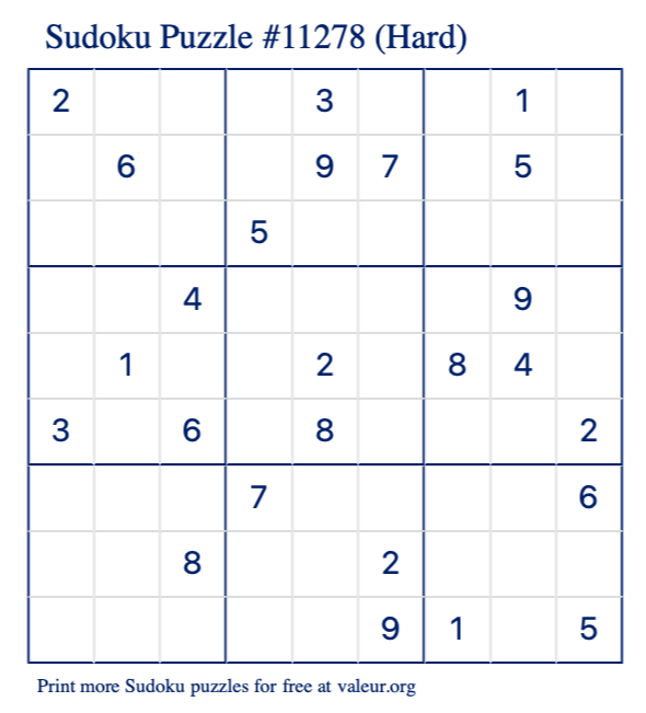 Free Printable Hard Sudoku Puzzle number 11278