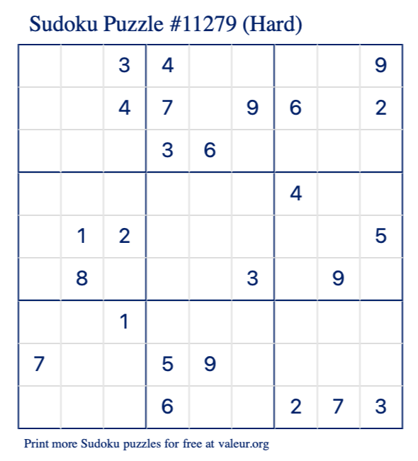 Free Printable Hard Sudoku Puzzle number 11279