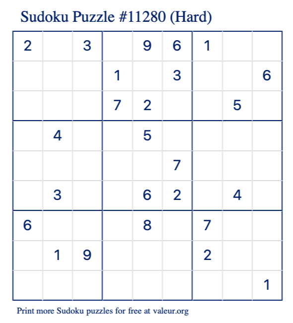 Free Printable Hard Sudoku Puzzle number 11280