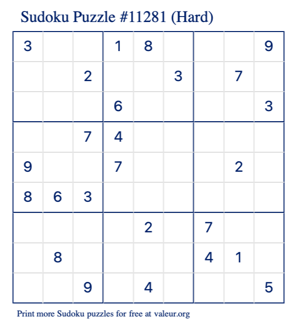 Free Printable Hard Sudoku Puzzle number 11281