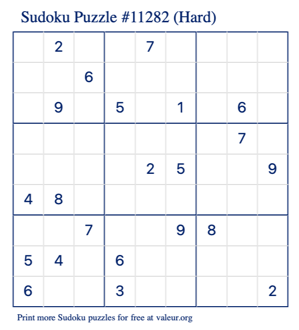 Free Printable Hard Sudoku Puzzle number 11282