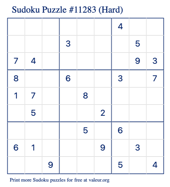 Free Printable Hard Sudoku Puzzle number 11283