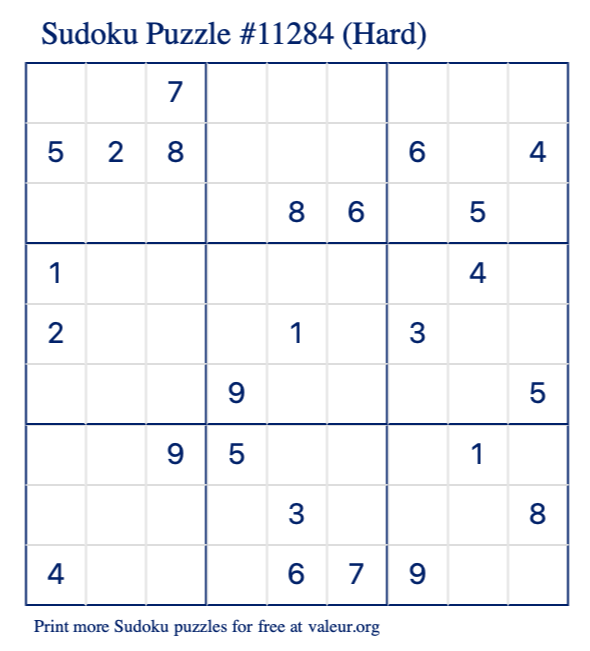 Free Printable Hard Sudoku Puzzle number 11284