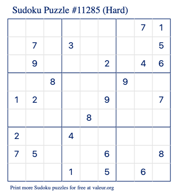Free Printable Hard Sudoku Puzzle number 11285