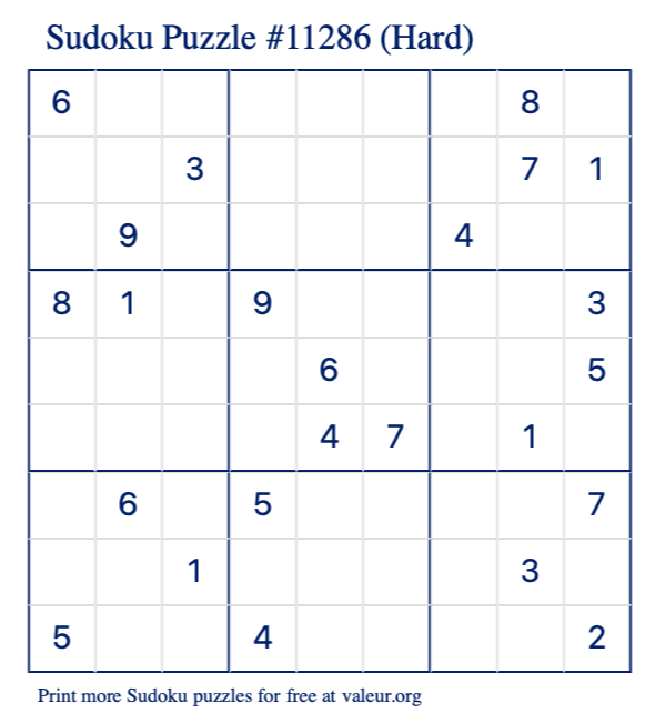 Free Printable Hard Sudoku Puzzle number 11286