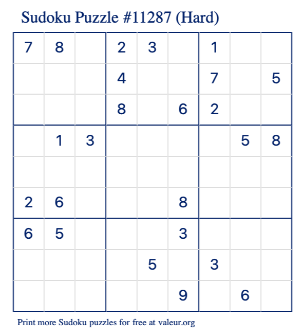 Free Printable Hard Sudoku Puzzle number 11287