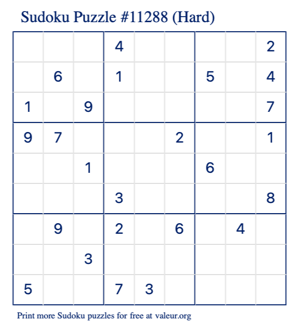 Free Printable Hard Sudoku Puzzle number 11288