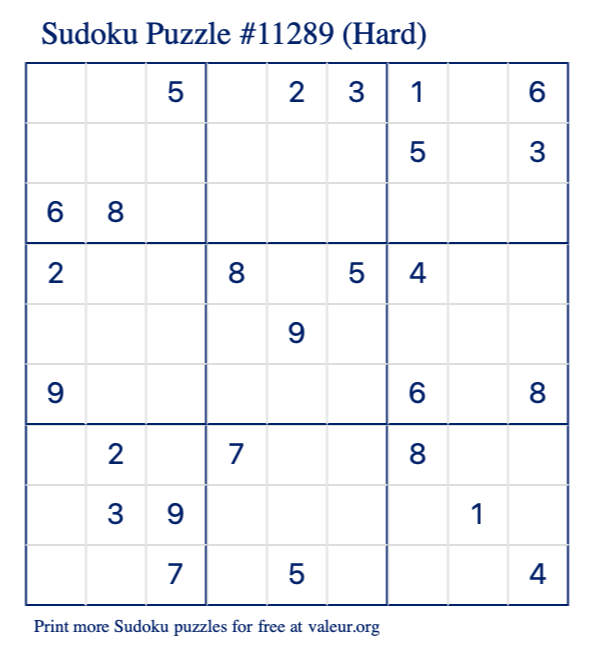 Free Printable Hard Sudoku Puzzle number 11289
