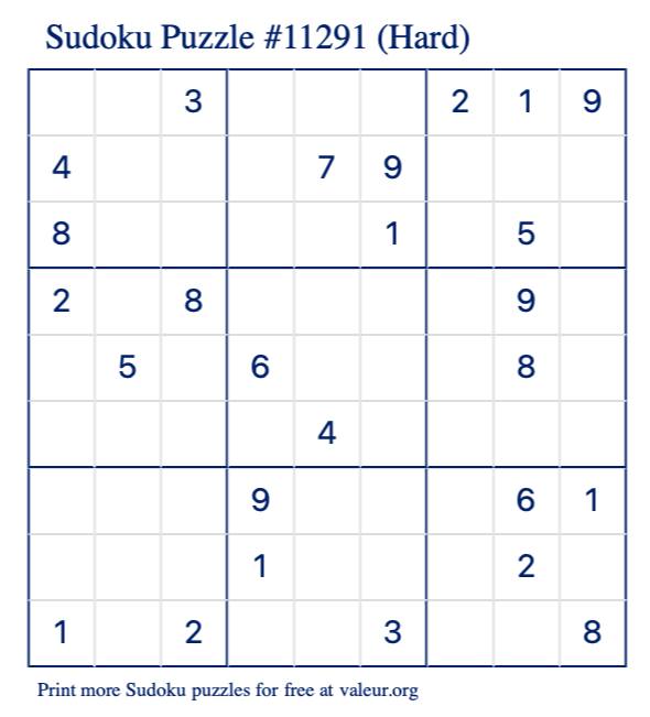 Free Printable Hard Sudoku Puzzle number 11291