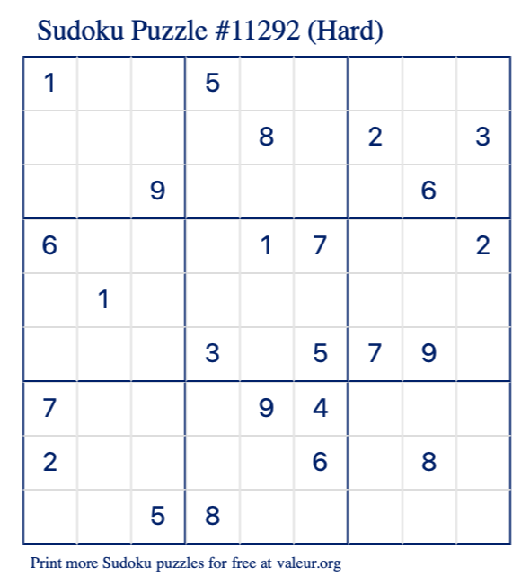 Free Printable Hard Sudoku Puzzle number 11292