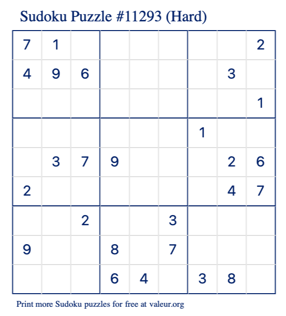 Free Printable Hard Sudoku Puzzle number 11293