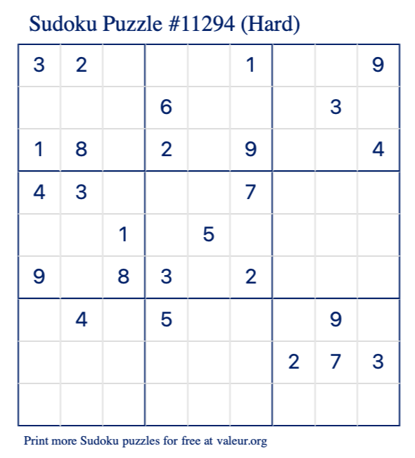 Free Printable Hard Sudoku Puzzle number 11294