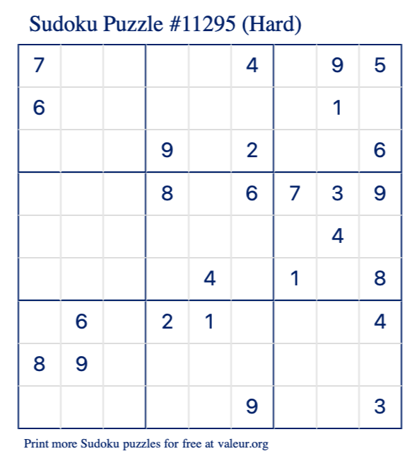 Free Printable Hard Sudoku Puzzle number 11295