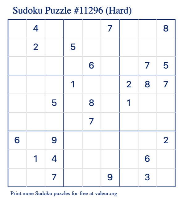 Free Printable Hard Sudoku Puzzle number 11296