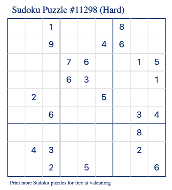 Free Printable Hard Sudoku Puzzle number 11298