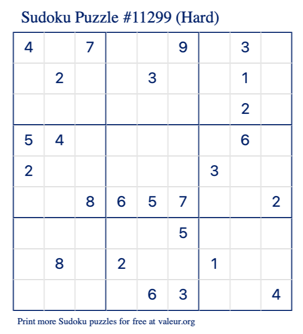 Free Printable Hard Sudoku Puzzle number 11299