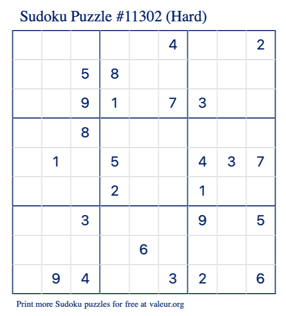 Free Printable Hard Sudoku Puzzle number 11302